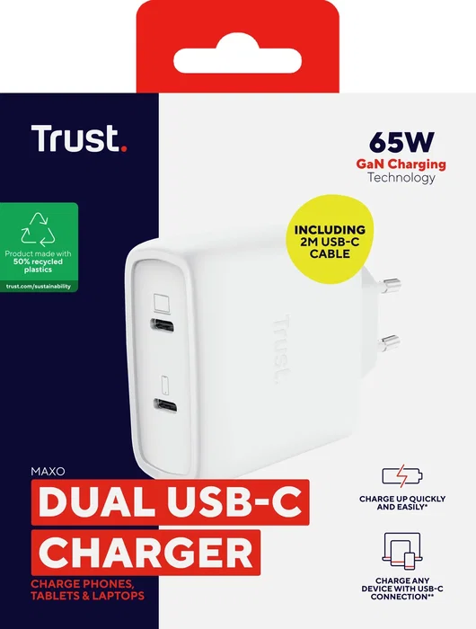 Trust Cargador de Pared USB-C 65W Maxo Universal con 2 Puertos USB-C, Incluye Cable USB-C 2m, Protección Sobrecalentamiento/Sobrecarga/Cortocircuito, Color Blanco