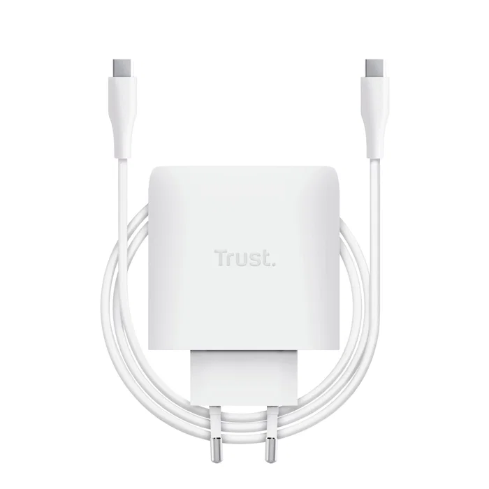 Trust Cargador de Pared USB-C 65W Maxo Universal con 2 Puertos USB-C, Incluye Cable USB-C 2m, Protección Sobrecalentamiento/Sobrecarga/Cortocircuito, Color Blanco