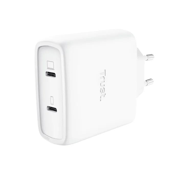 Trust Cargador de Pared USB-C 65W Maxo Universal con 2 Puertos USB-C, Incluye Cable USB-C 2m, Protección Sobrecalentamiento/Sobrecarga/Cortocircuito, Color Blanco