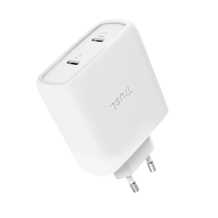 Trust Cargador de Pared USB-C 65W Maxo Universal con 2 Puertos USB-C, Incluye Cable USB-C 2m, Protección Sobrecalentamiento/Sobrecarga/Cortocircuito, Color Blanco