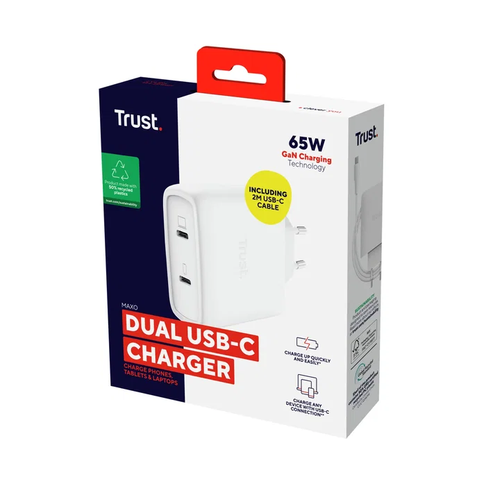 Trust Cargador de Pared USB-C 65W Maxo Universal con 2 Puertos USB-C, Incluye Cable USB-C 2m, Protección Sobrecalentamiento/Sobrecarga/Cortocircuito, Color Blanco