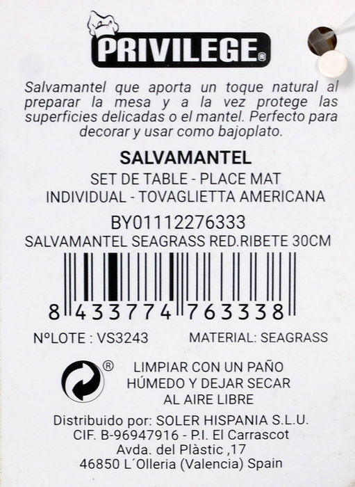 Privilege Salvamantel Seagrass con Ribete, 30 cm Redondo (36 Unidades)