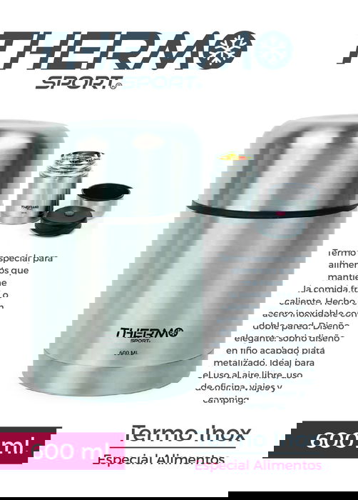 Thermosport Termo Comida de Acero Inoxidable 600 ml para Comida Caliente, 11.3 x 11.2 x 16.8 cm (6 Unidades)