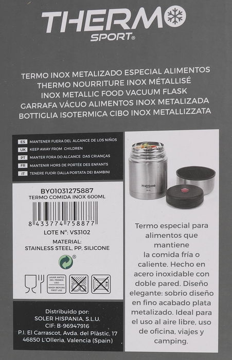 Thermosport Termo Comida de Acero Inoxidable 600 ml para Comida Caliente, 11.3 x 11.2 x 16.8 cm (6 Unidades)