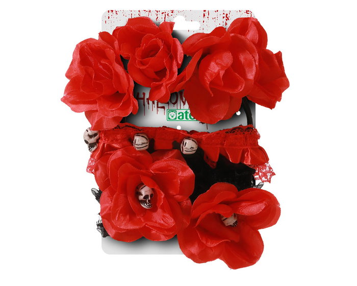 Atosa Kit de Accesorios Catrina con Tocado de Rosas Rojas, Choker y Pulseras Skulls en Negro