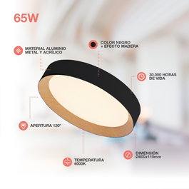 GSC Evolution Plafón de Techo LED Peranka 65W 4000K Negro con Efecto Madera