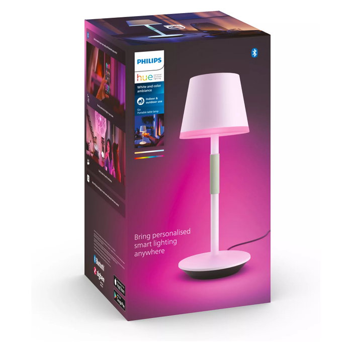 Philips Hue White & Color Ambiance Go Lámpara de Mesa Portátil Inteligente con Bluetooth, IP54, Blanco, Metal, LED