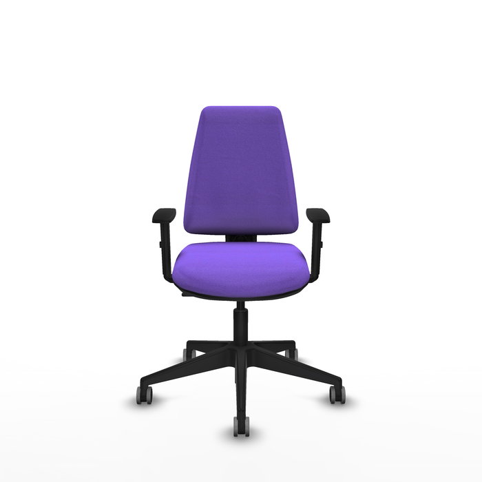 Silla de oficina Elche con mecanismo Contacto permanente básico tapizada con Tela color Lila. Equipada con Base piramidal negra, Brazos 1D y Ruedas 65 mm parqué Silla de oficina Elche con mecanismo Contacto permanente básico tapizada con Tela color Lila. Equipada con Base piramidal negra, Brazos 1D y Ruedas 65 mm parqué