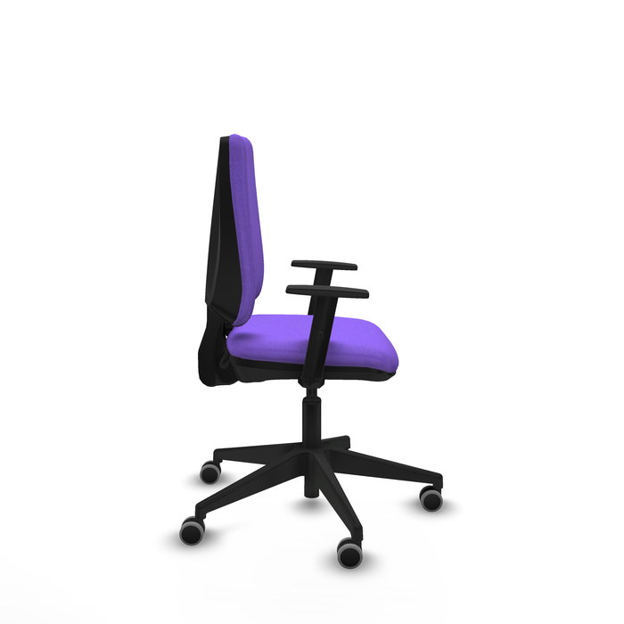 Silla de oficina Elche con mecanismo Contacto permanente básico tapizada con Tela color Lila. Equipada con Base piramidal negra, Brazos 1D y Ruedas 65 mm parqué Silla de oficina Elche con mecanismo Contacto permanente básico tapizada con Tela color Lila. Equipada con Base piramidal negra, Brazos 1D y Ruedas 65 mm parqué
