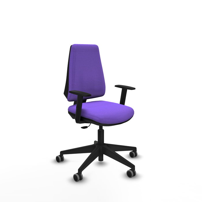 Silla de oficina Elche con mecanismo Contacto permanente básico tapizada con Tela color Lila. Equipada con Base piramidal negra, Brazos 1D y Ruedas 65 mm parqué Silla de oficina Elche con mecanismo Contacto permanente básico tapizada con Tela color Lila. Equipada con Base piramidal negra, Brazos 1D y Ruedas 65 mm parqué