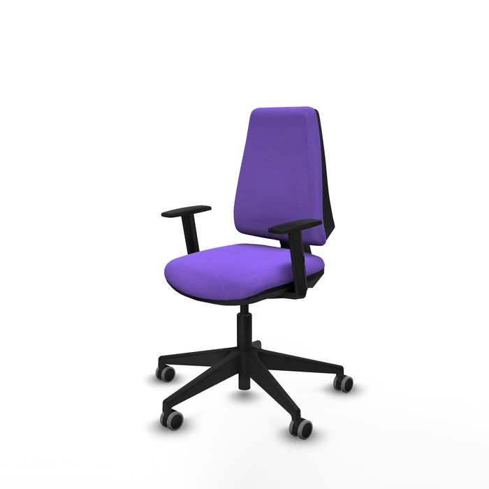 Silla de oficina Elche con mecanismo Contacto permanente básico tapizada con Tela color Lila. Equipada con Base piramidal negra, Brazos 1D y Ruedas 65 mm parqué Silla de oficina Elche con mecanismo Contacto permanente básico tapizada con Tela color Lila. Equipada con Base piramidal negra, Brazos 1D y Ruedas 65 mm parqué
