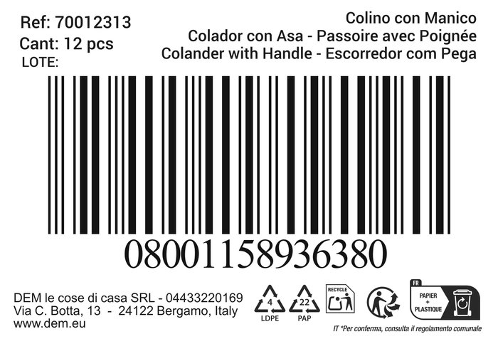 Inde Colador con Asa - Colores, Acero Inoxidable, Dimensiones 39 x 25 x 10.8 cm (12 Unidades)