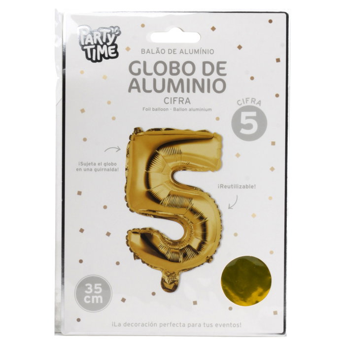 Party Time Globo Cifra 5 Oro Altura 35 cm para Cumpleaños y Aniversarios