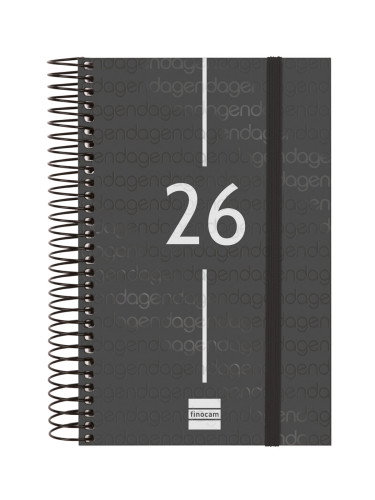 Finocam Agenda Espiral E5 Año 2026, 117x181 mm, 1 Día por Página, Tapa de Polipropileno Negro con Elástico, Información Anual y Contenidos Extra