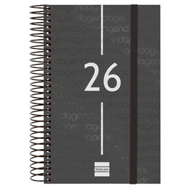 Finocam Agenda Espiral E5 Año 2026, 117x181 mm, 1 Día por Página, Tapa de Polipropileno Negro con Elástico, Información Anual y Contenidos Extra