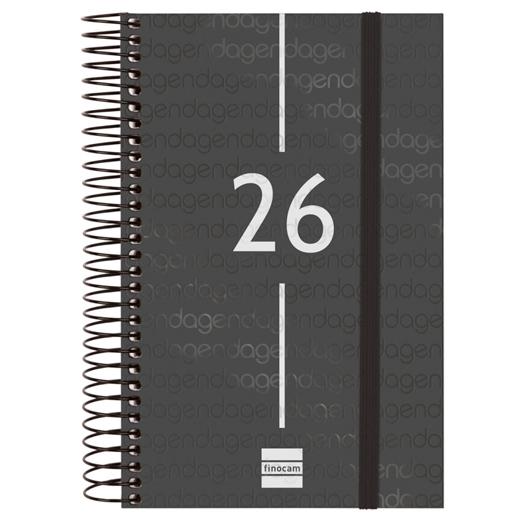 Finocam Agenda Espiral E5 Año 2026, 117x181 mm, 1 Día por Página, Tapa de Polipropileno Negro con Elástico, Información Anual y Contenidos Extra
