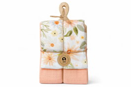 DKD Home Decor Set de 3 Paños de Algodón con Flores y Tabla de Madera de Pino Rosa Palo