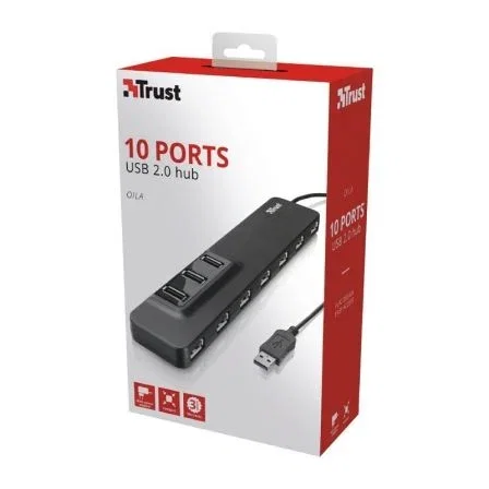 HUB TRUST OILA 10 PUERTOS USB - DISEÑO PLANO Y COMPACTO - 3 PUERTOS EN LA PARTE SUPERIOR Y 7 EN LA FRONTAL - INCLUYE ADAPTADOR TOMA ELECTRICA