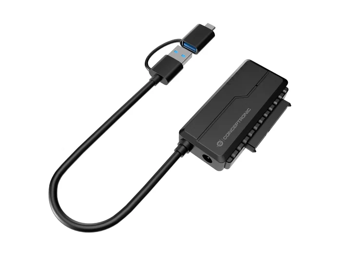 Conceptronic ABBY21B Adaptador USB-A Macho a SATA 22-pin Hembra, USB 3.2 Gen 1, para Discos 2.5/3.5" Hasta 10TB, Incluye Adaptador USB-C y de Corriente, Negro
