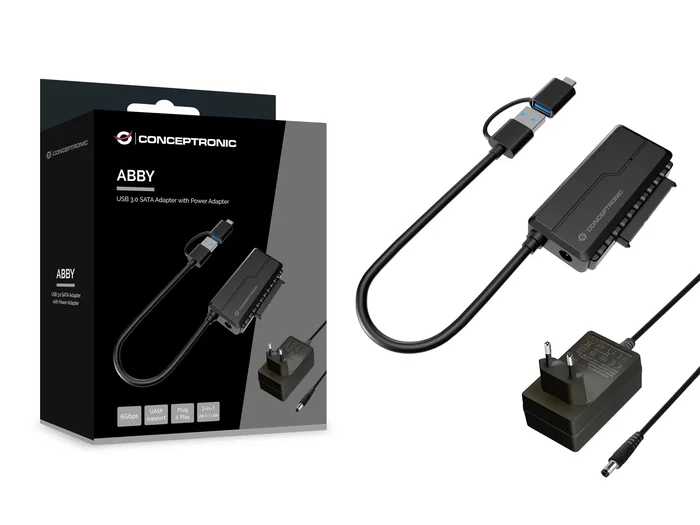 Conceptronic ABBY21B Adaptador USB-A Macho a SATA 22-pin Hembra, USB 3.2 Gen 1, para Discos 2.5/3.5" Hasta 10TB, Incluye Adaptador USB-C y de Corriente, Negro