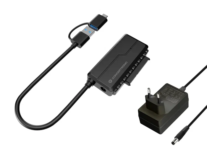 Conceptronic ABBY21B Adaptador USB-A Macho a SATA 22-pin Hembra, USB 3.2 Gen 1, para Discos 2.5/3.5" Hasta 10TB, Incluye Adaptador USB-C y de Corriente, Negro