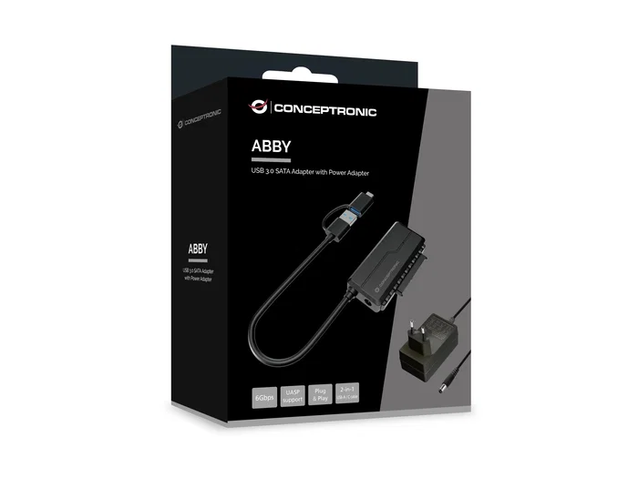 Conceptronic ABBY21B Adaptador USB-A Macho a SATA 22-pin Hembra, USB 3.2 Gen 1, para Discos 2.5/3.5" Hasta 10TB, Incluye Adaptador USB-C y de Corriente, Negro