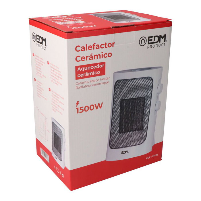 Edm Calefactor Vertical Blanco 1000 - 1500 W con Termostato Ajustable y Protección de Sobrecalentamiento