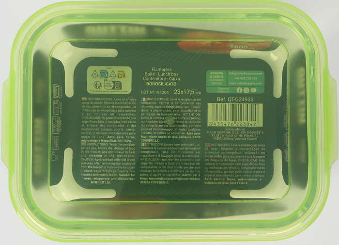 Quttin Fiambrera Rectangular con Tapa Verde 23 x 17.5 cm 1500 cc (6 Unidades)
