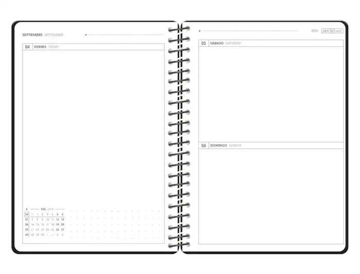 Antartik Agenda Escolar 2026-2027 Espiral Día Página A5+ Bilingüe Papel FSC 80g Color Negro Pack and Go con Gomilla