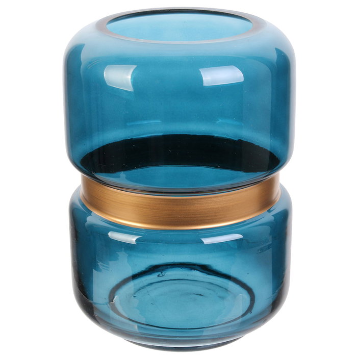 Home Deco Factory Jarrón de Vidrio Azul con Franja Dorada Decorativo, Diámetro 15.5 cm Altura 20.5 cm
