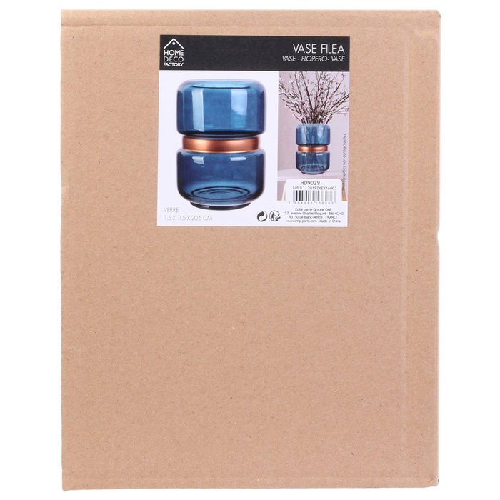 Home Deco Factory Jarrón de Vidrio Azul con Franja Dorada Decorativo, Diámetro 15.5 cm Altura 20.5 cm