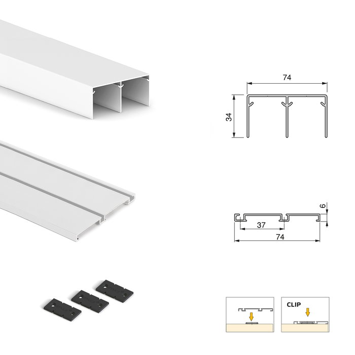 Emuca Kit de herrajes para armario de 2 puertas correderas y cierre suave Placard 74, modelo tirador Sharp, espesor 19mm, tableros no incluidos, Pintado blanco
