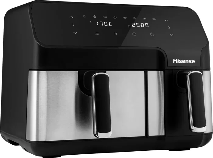Hisense Freidora de Aire Caliente Doble e Independiente HAF2900D, 8,6 Litros, 1700 W, Control Táctil con Pantalla LED, Color Negro