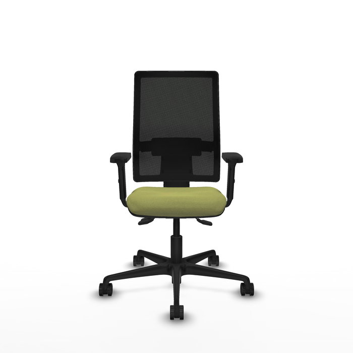 Silla de oficina Bormate con mecanismo Asincro tapizada con Tela color Verde oliva y malla color Negro. Equipada con lumbar 1D, Brazos 2D y Ruedas 65mm nailon