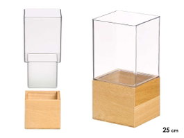 GIFTDECOR Jarrón Acrílico Cuadrado con Base de Madera Transparente