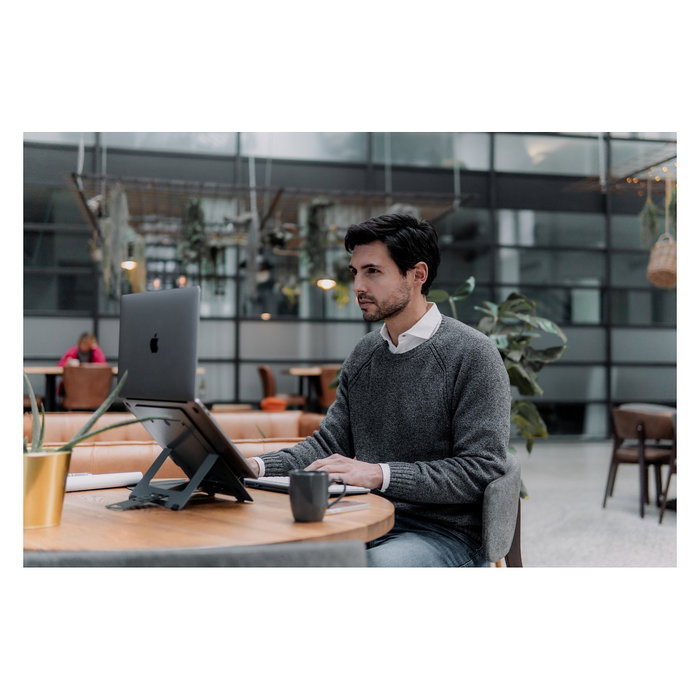 BakkerElkhuizen FlexTop 170 Soporte para Laptop y Tablet Ajustable Plegable, 10" a 16", 3 kg, Gris Oscuro, Aluminio, Caucho, Acero