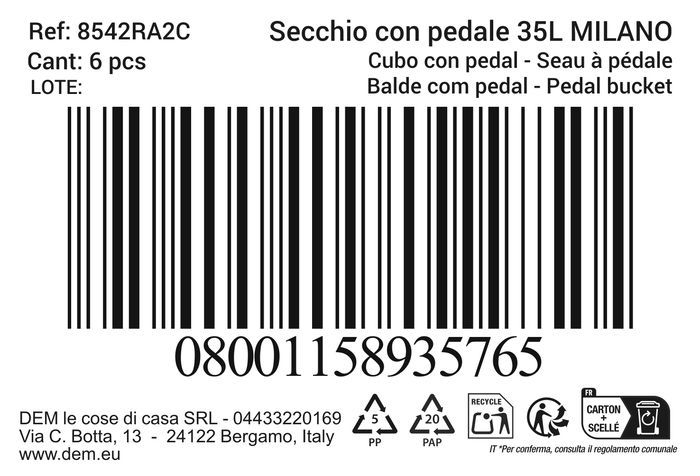 Inde Cubo con Pedal Milano 35L Colores 30 cm (Ancho) x 39 cm (Largo) x 44 cm (Alto) (6 Unidades)