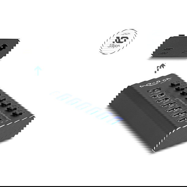 DeLOCK 64326 Hub USB 7 Puertos 4x 10 Gbps (USB 3.2 Gen 2) y 4x Carga Rápida 5 Gbps (USB 3.2 Gen 1) con Interruptor y LED - Negro Metal