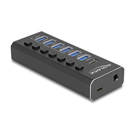 DeLOCK 64326 Hub USB 7 Puertos 4x 10 Gbps (USB 3.2 Gen 2) y 4x Carga Rápida 5 Gbps (USB 3.2 Gen 1) con Interruptor y LED - Negro Metal