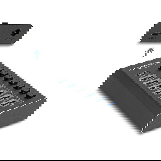 DeLOCK 64326 Hub USB 7 Puertos 4x 10 Gbps (USB 3.2 Gen 2) y 4x Carga Rápida 5 Gbps (USB 3.2 Gen 1) con Interruptor y LED - Negro Metal