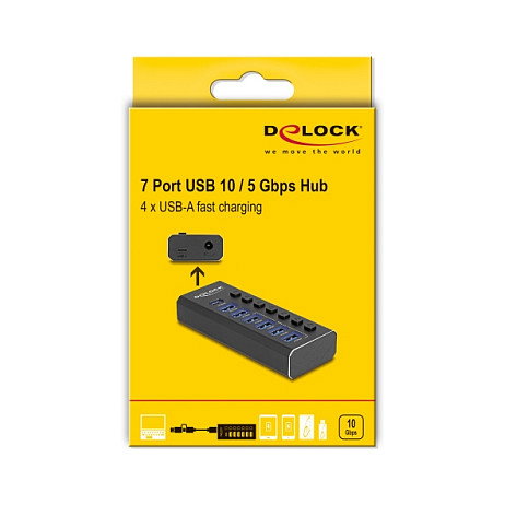 DeLOCK 64326 Hub USB 7 Puertos 4x 10 Gbps (USB 3.2 Gen 2) y 4x Carga Rápida 5 Gbps (USB 3.2 Gen 1) con Interruptor y LED - Negro Metal