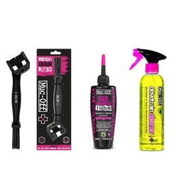 Muc-Off Kit de Mantenimiento de Cadena: Limpiador Bio 500ml, Cepillo Ergonomico y Lubricante Sintetico 120ml