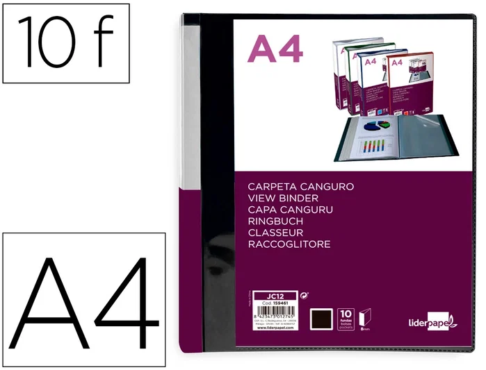 Liderpapel Carpeta de 10 fundas canguro DIN A4 negro opaco Liderpapel Carpeta de 10 fundas canguro DIN A4 negro opaco