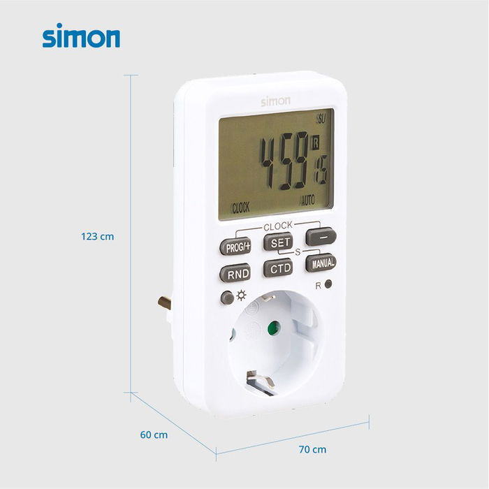 Simon Programador digital semanal Af711202, Temporizador 16A 230V, control energía hogar, función simulación presencia, pantalla LCD, 10 programas, IP20