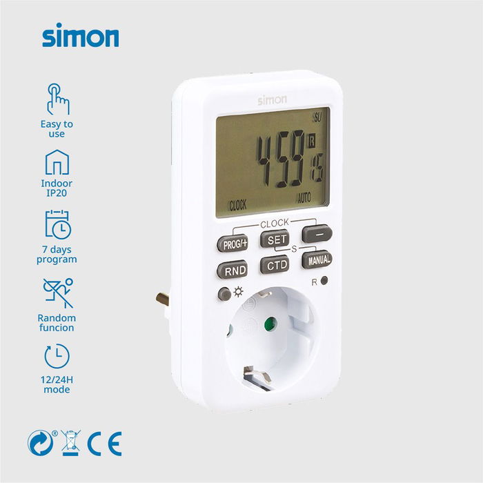 Simon Programador digital semanal Af711202, Temporizador 16A 230V, control energía hogar, función simulación presencia, pantalla LCD, 10 programas, IP20