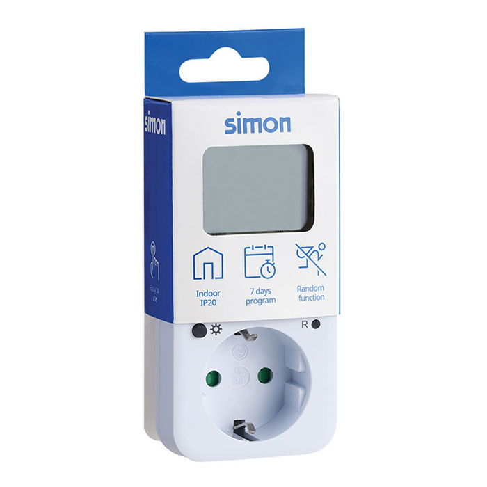 Simon Programador digital semanal Af711202, Temporizador 16A 230V, control energía hogar, función simulación presencia, pantalla LCD, 10 programas, IP20