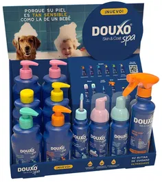 Ceva Expositor Douxo Spa Contiene 8 Productos: 2 Champús 250ml, Acondicionador 250ml, Mousse Perro 150ml, Mousse Gato 150ml, Limpiador Oídos 120ml y Spray Desenredante 295ml
