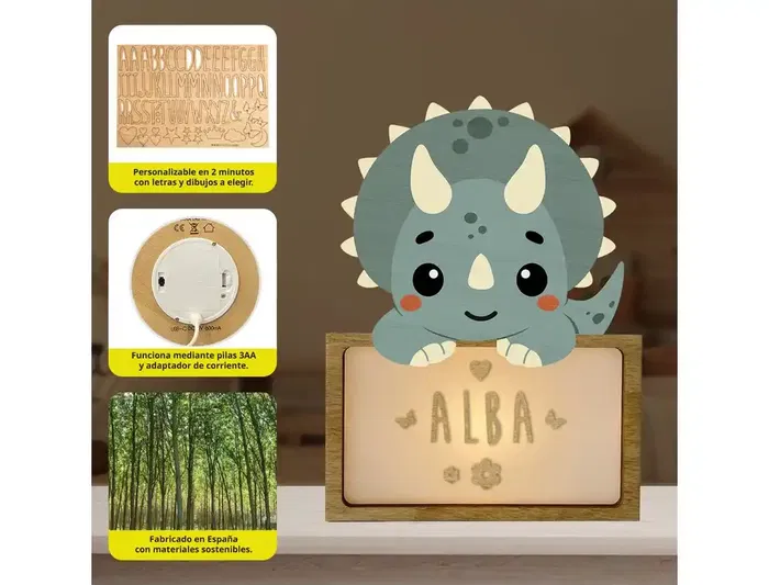 Wondee Lampara Vintiun Personalizable Little Dino Triceratops - Lampara Bebe Noche Madera Sostenible con Nombre, Luz Nocturna Quitamiedos, Funciona a Pilas y USB-C, Incluye Kit Wondee Lampara Vintiun Personalizable Little Dino Triceratops - Lampara Bebe Noche Madera Sostenible con Nombre, Luz Nocturna Quitamiedos, Funciona a Pilas y USB-C, Incluye Kit