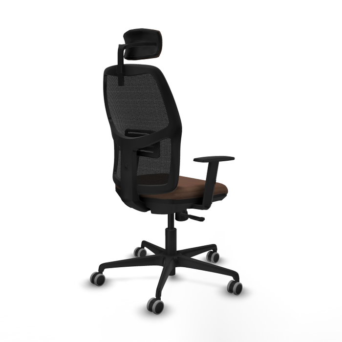 Silla de oficina Alfera con mecanismo Sincro tapizada con Tela color Marrón oscuro y malla color Negro. Equipada con lumbar 1D, Brazos 1D, Cabecero 2D y Ruedas 65 mm parqué Silla de oficina Alfera con mecanismo Sincro tapizada con Tela color Marrón oscuro y malla color Negro. Equipada con lumbar 1D, Brazos 1D, Cabecero 2D y Ruedas 65 mm parqué