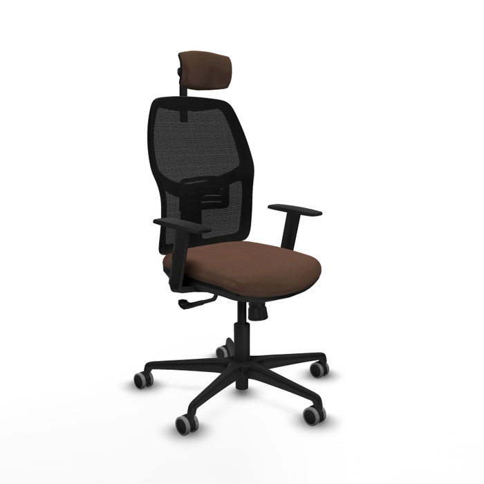 Silla de oficina Alfera con mecanismo Sincro tapizada con Tela color Marrón oscuro y malla color Negro. Equipada con lumbar 1D, Brazos 1D, Cabecero 2D y Ruedas 65 mm parqué Silla de oficina Alfera con mecanismo Sincro tapizada con Tela color Marrón oscuro y malla color Negro. Equipada con lumbar 1D, Brazos 1D, Cabecero 2D y Ruedas 65 mm parqué